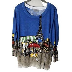 Joseph A. Sweater Size Large 3/4 Sleeves Scoop Neck Paris France Blue Colorful